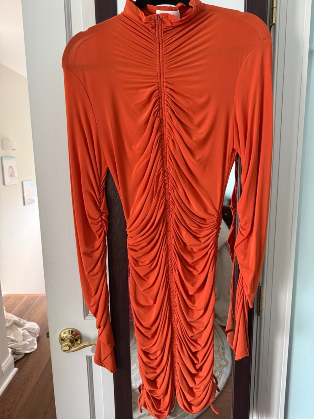 A.L.C. Long-Sleeve Ruched Dress in Bright Orange